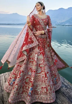 Embroidered Art Silk Lehenga in Red