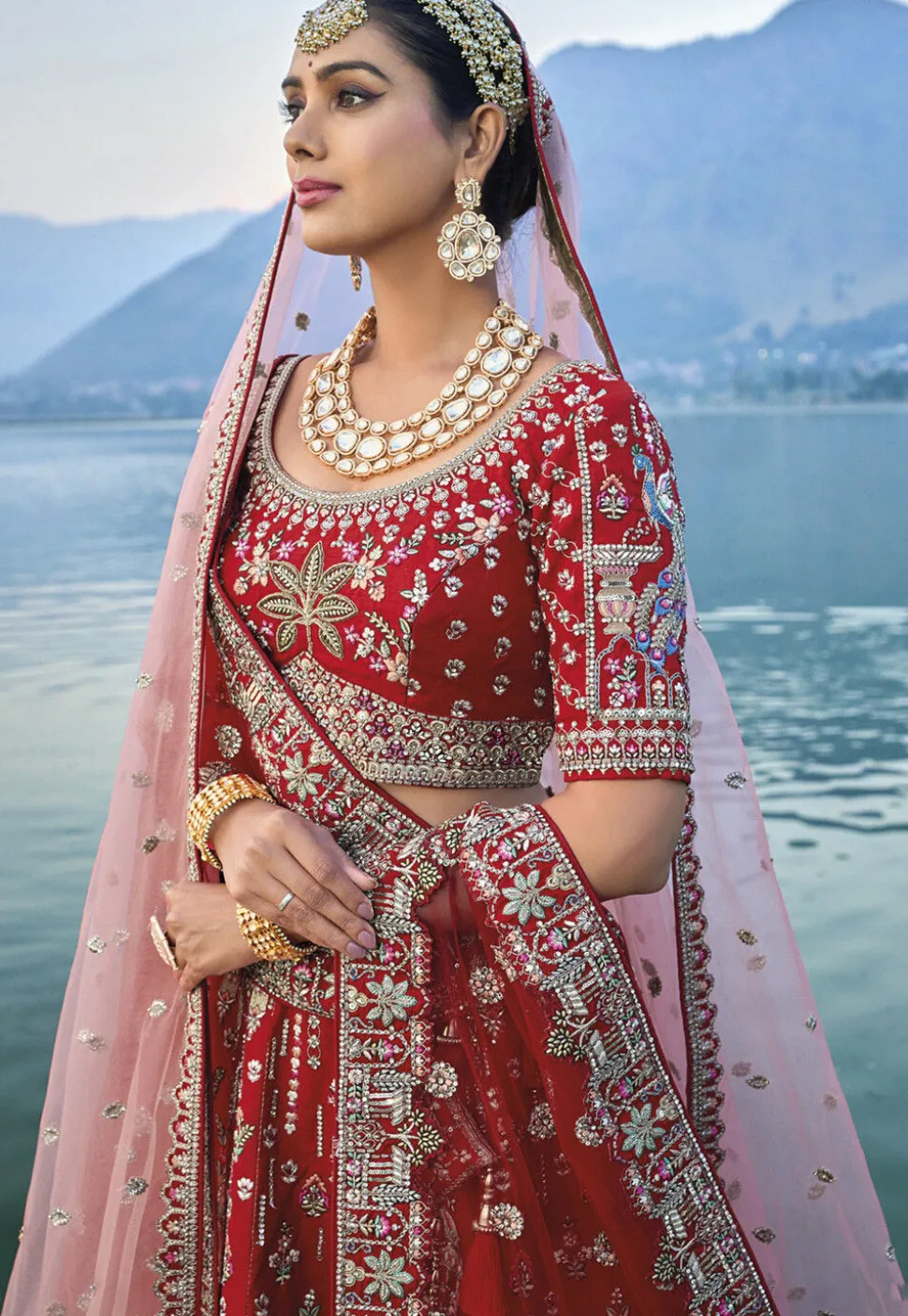 Embroidered Art Silk Lehenga in Red