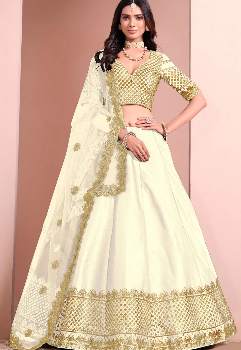 Embroidered Art Silk Lehenga in Off White
