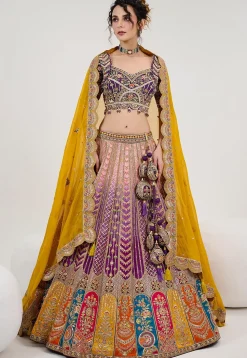Embroidered Art Silk Lehenga in Shaded Purple and Peach