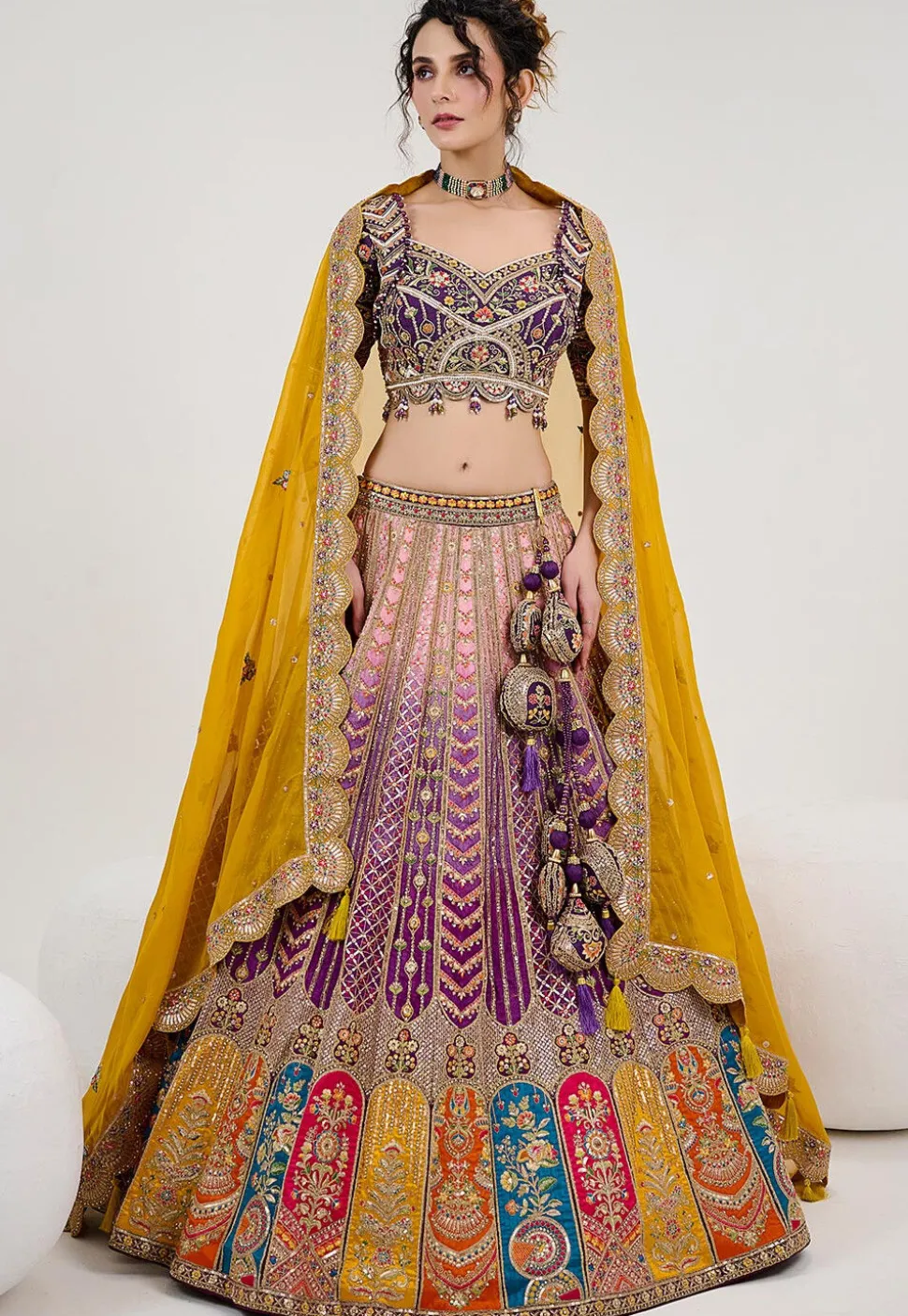 Embroidered Art Silk Lehenga in Shaded Purple and Peach