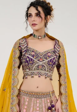 Embroidered Art Silk Lehenga in Shaded Purple and Peach