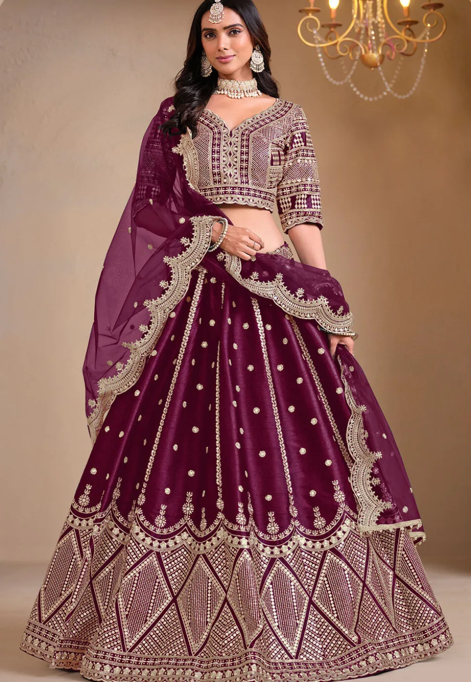 Embroidered Art Silk Lehenga in Purple