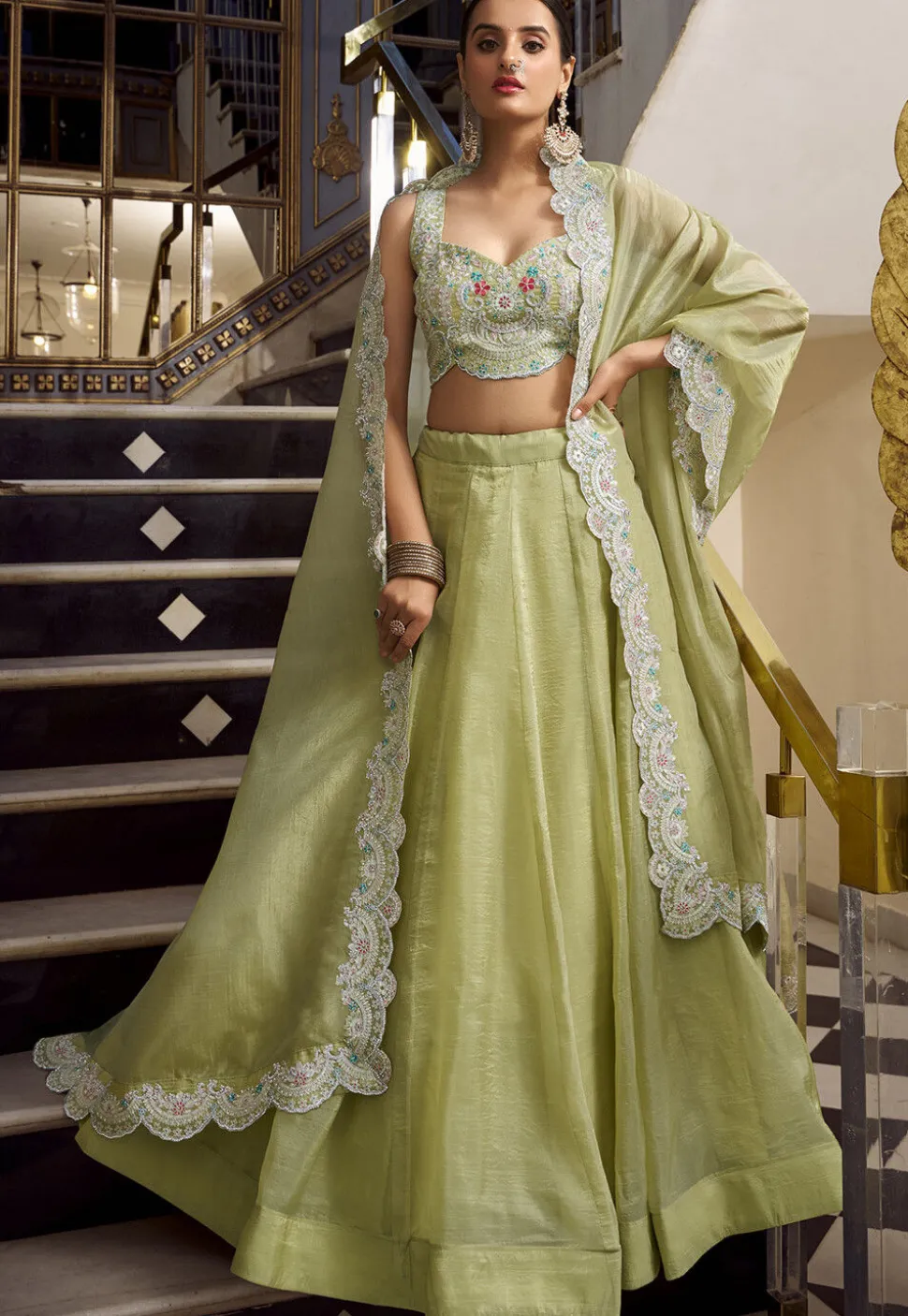Embroidered Art Silk Lehenga in Light Green