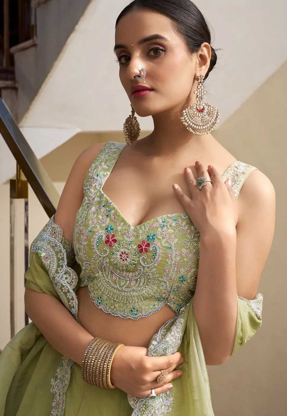 Embroidered Art Silk Lehenga in Light Green