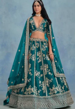 Embroidered Art Silk Lehenga in Teal Blue