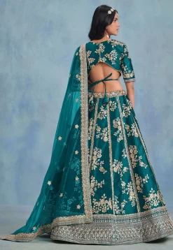 Embroidered Art Silk Lehenga in Teal Blue