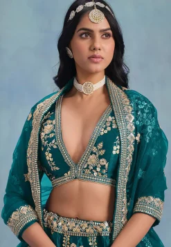 Embroidered Art Silk Lehenga in Teal Blue