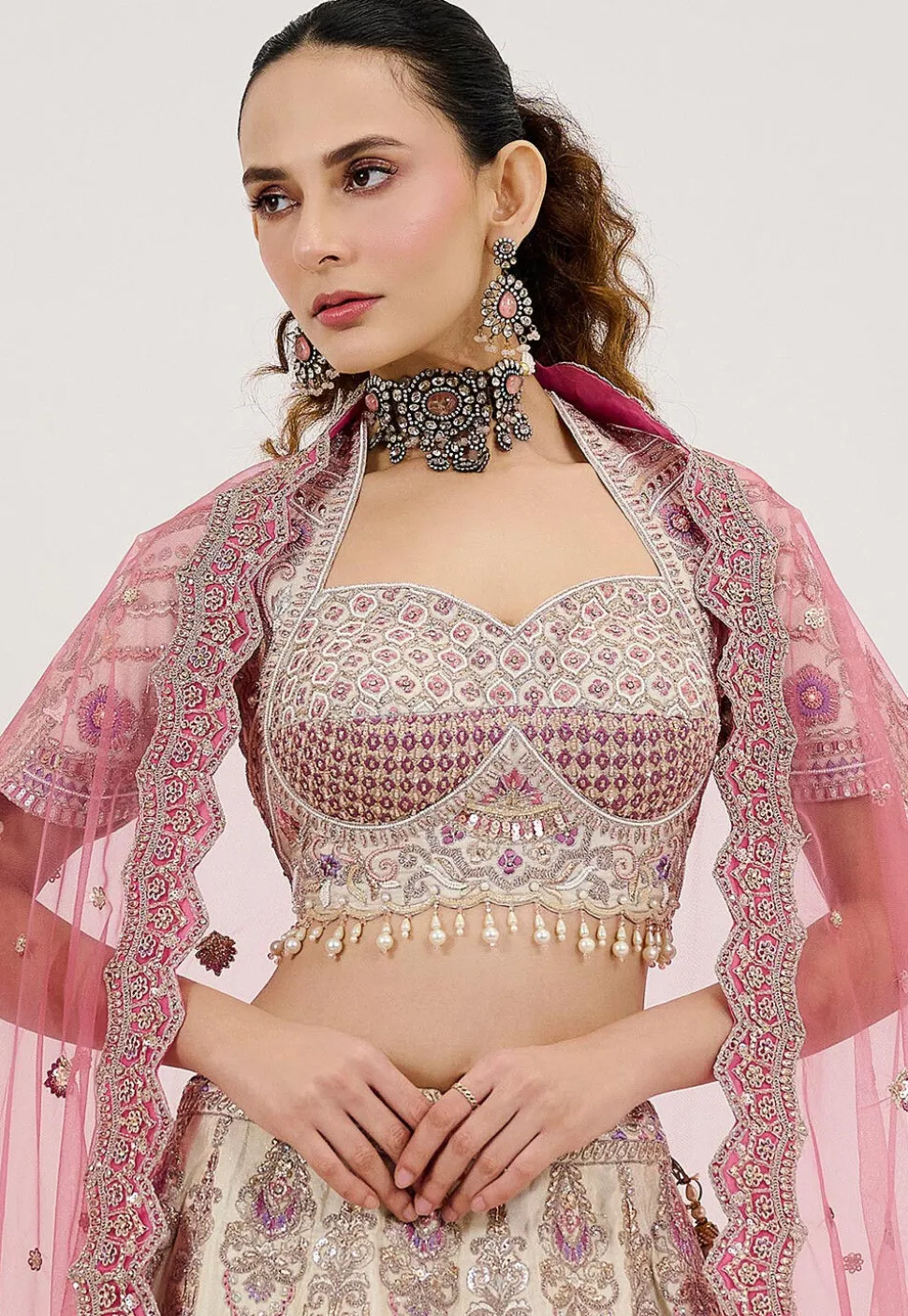 Embroidered Art Silk Lehenga in Cream