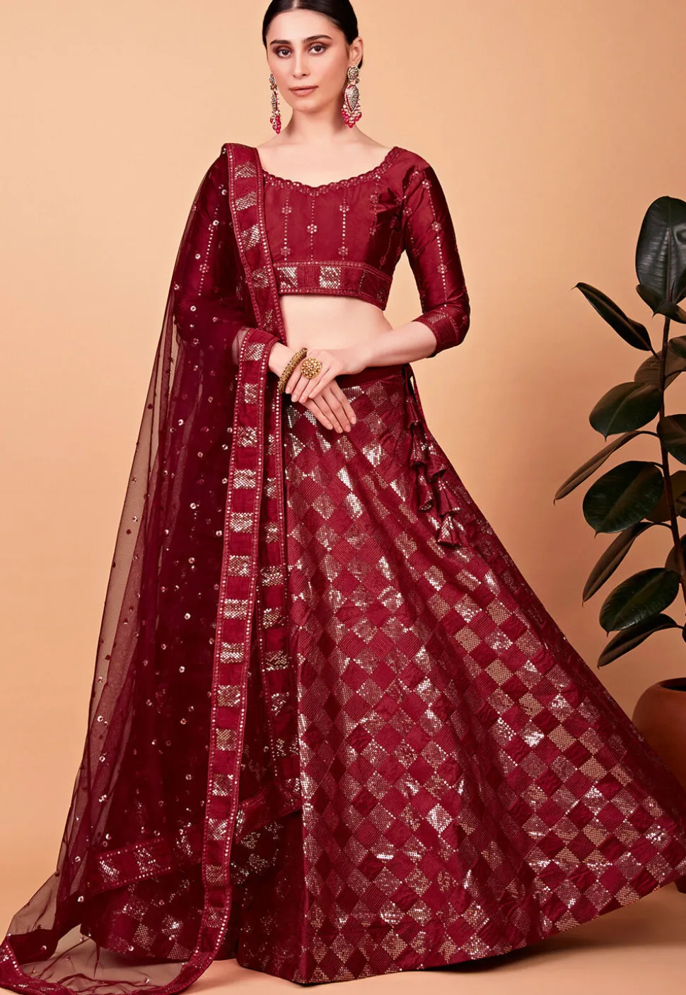 Embroidered Art Silk Lehenga in Red