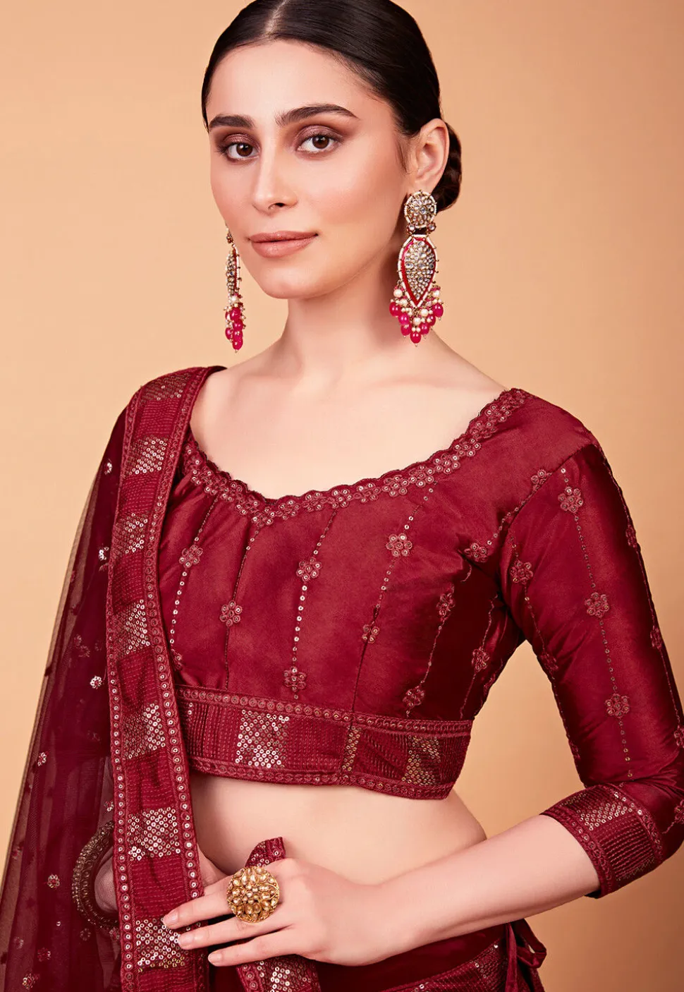 Embroidered Art Silk Lehenga in Red