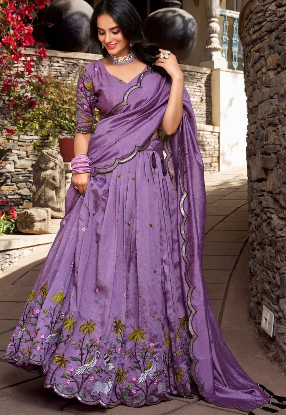 Embroidered Art Silk Lehenga in Purple