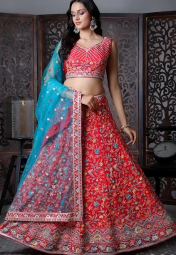 Embroidered Art Silk Lehenga in Red