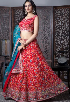 Embroidered Art Silk Lehenga in Red