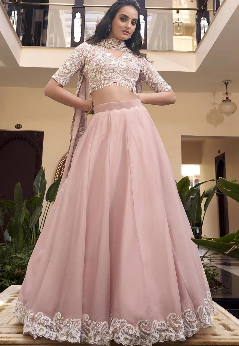 Embroidered Art Silk Lehenga in Pink
