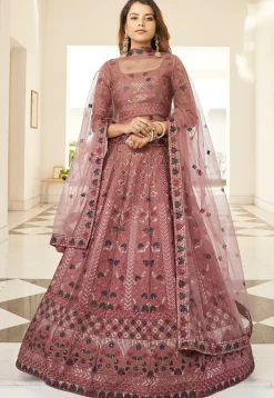 Embroidered Art Silk Lehenga in Old Rose