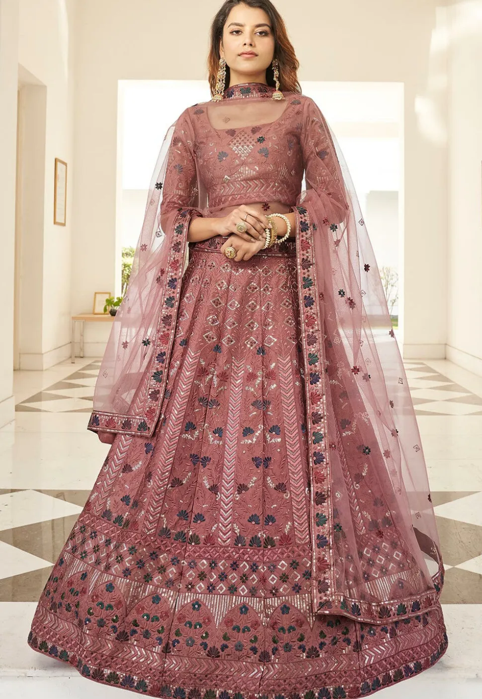 Embroidered Art Silk Lehenga in Old Rose
