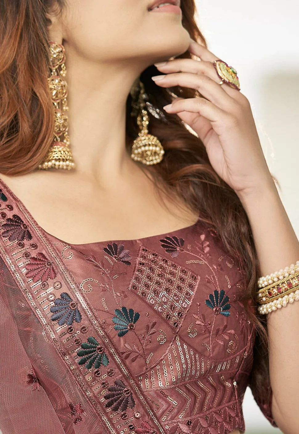 Embroidered Art Silk Lehenga in Old Rose