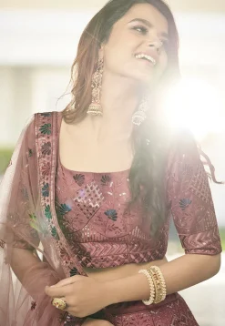Embroidered Art Silk Lehenga in Old Rose