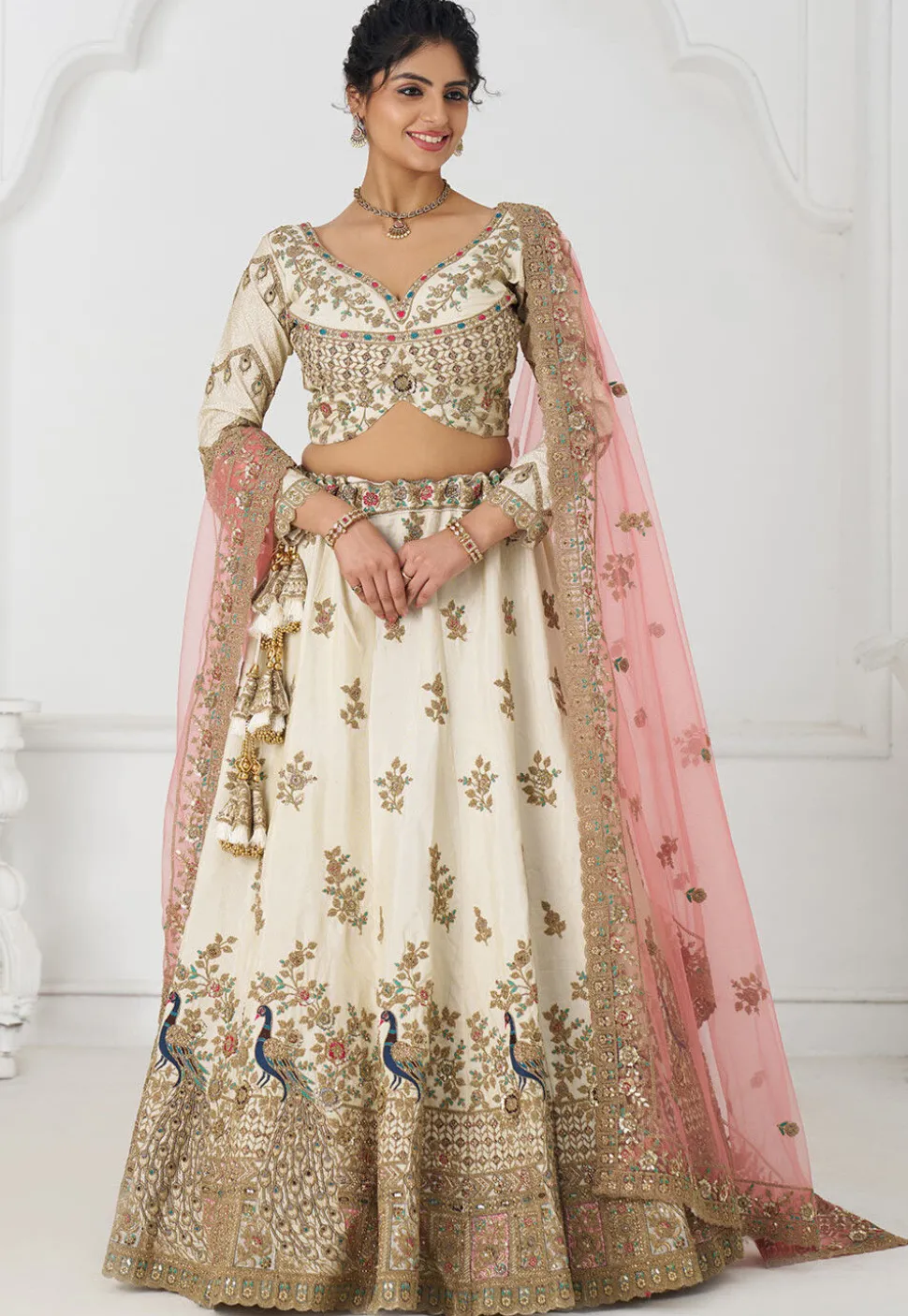 Embroidered Art Silk Lehenga in Off White