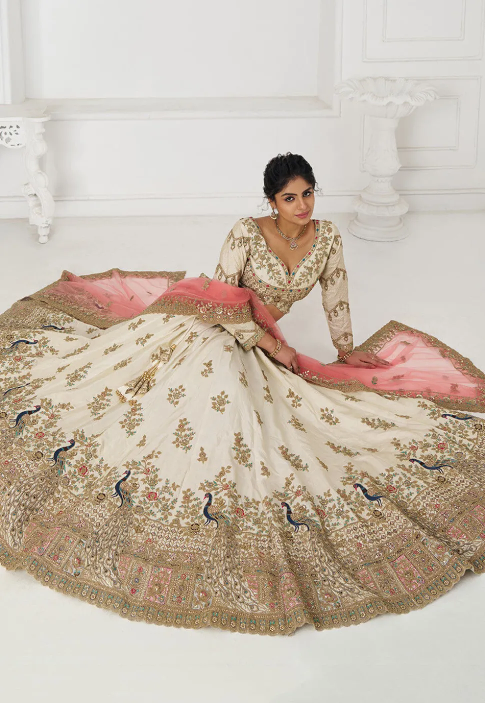 Embroidered Art Silk Lehenga in Off White