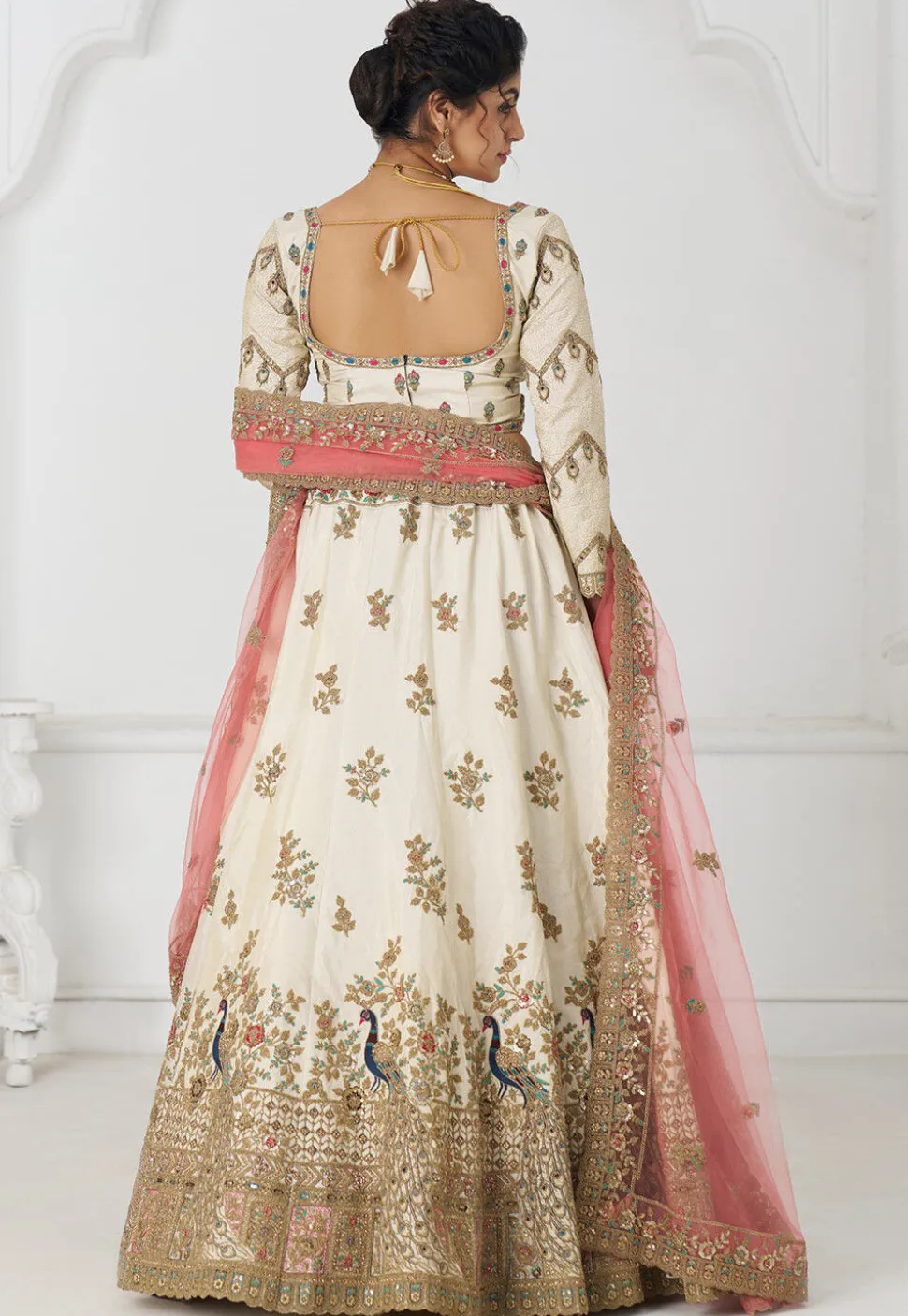 Embroidered Art Silk Lehenga in Off White
