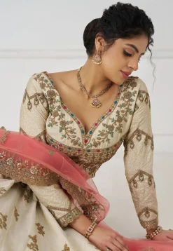Embroidered Art Silk Lehenga in Off White
