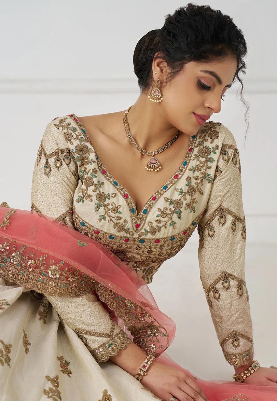 Embroidered Art Silk Lehenga in Off White