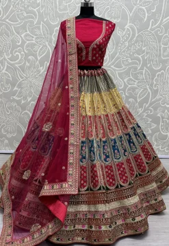Embroidered Art Silk Lehenga in Multicolor