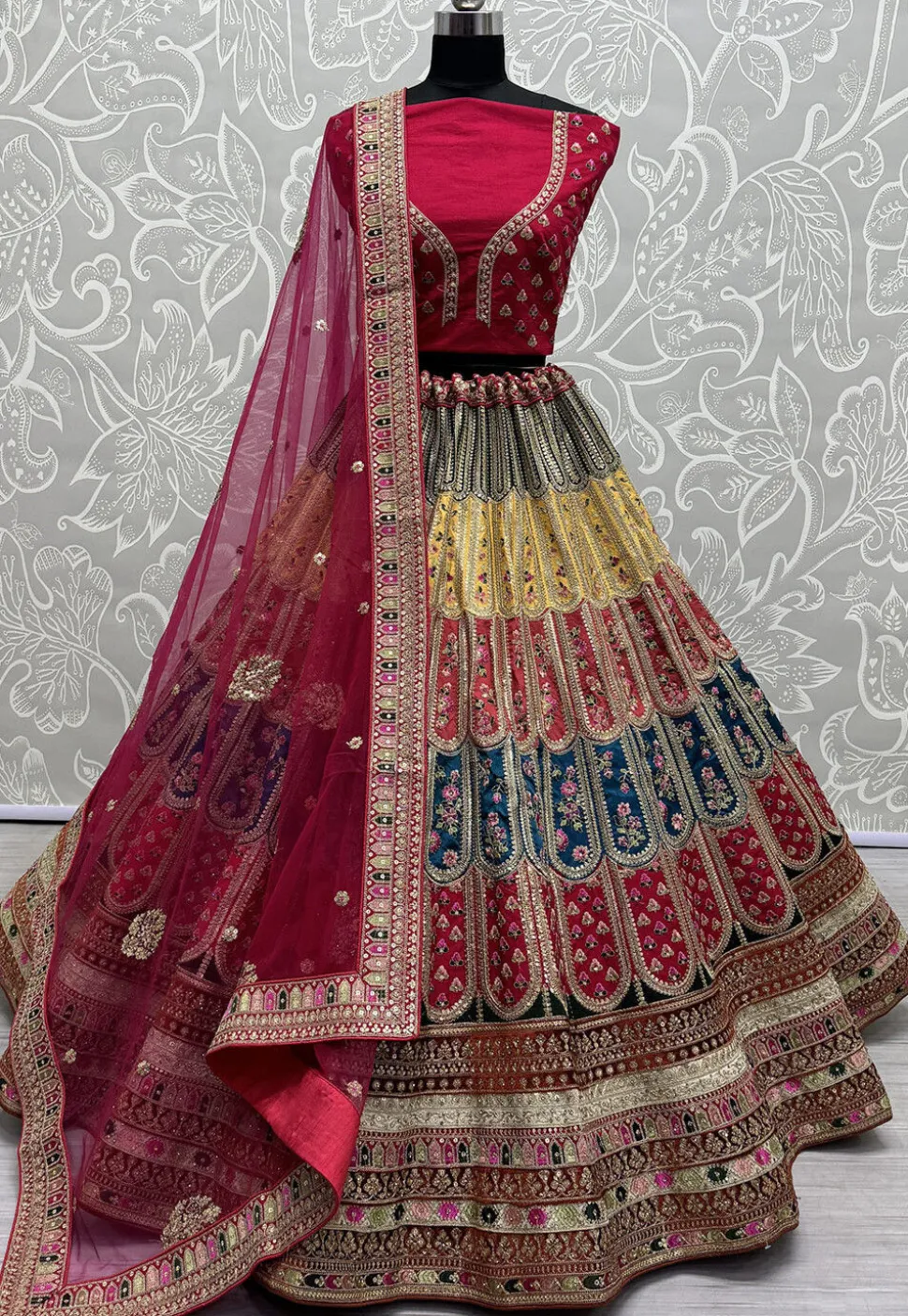 Embroidered Art Silk Lehenga in Multicolor