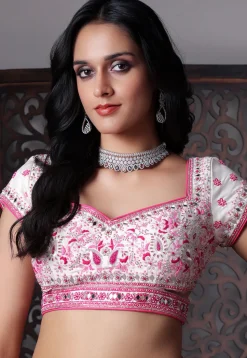 Embroidered Art Silk Lehenga in Off White and Pink Shaded