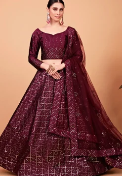 Embroidered Art Silk Lehenga in Wine