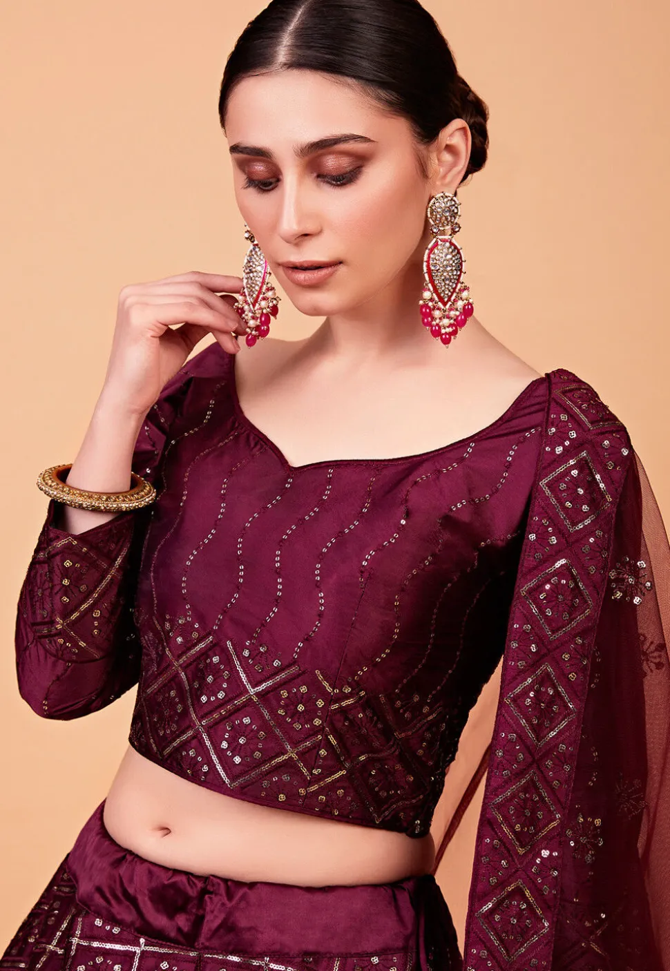 Embroidered Art Silk Lehenga in Wine