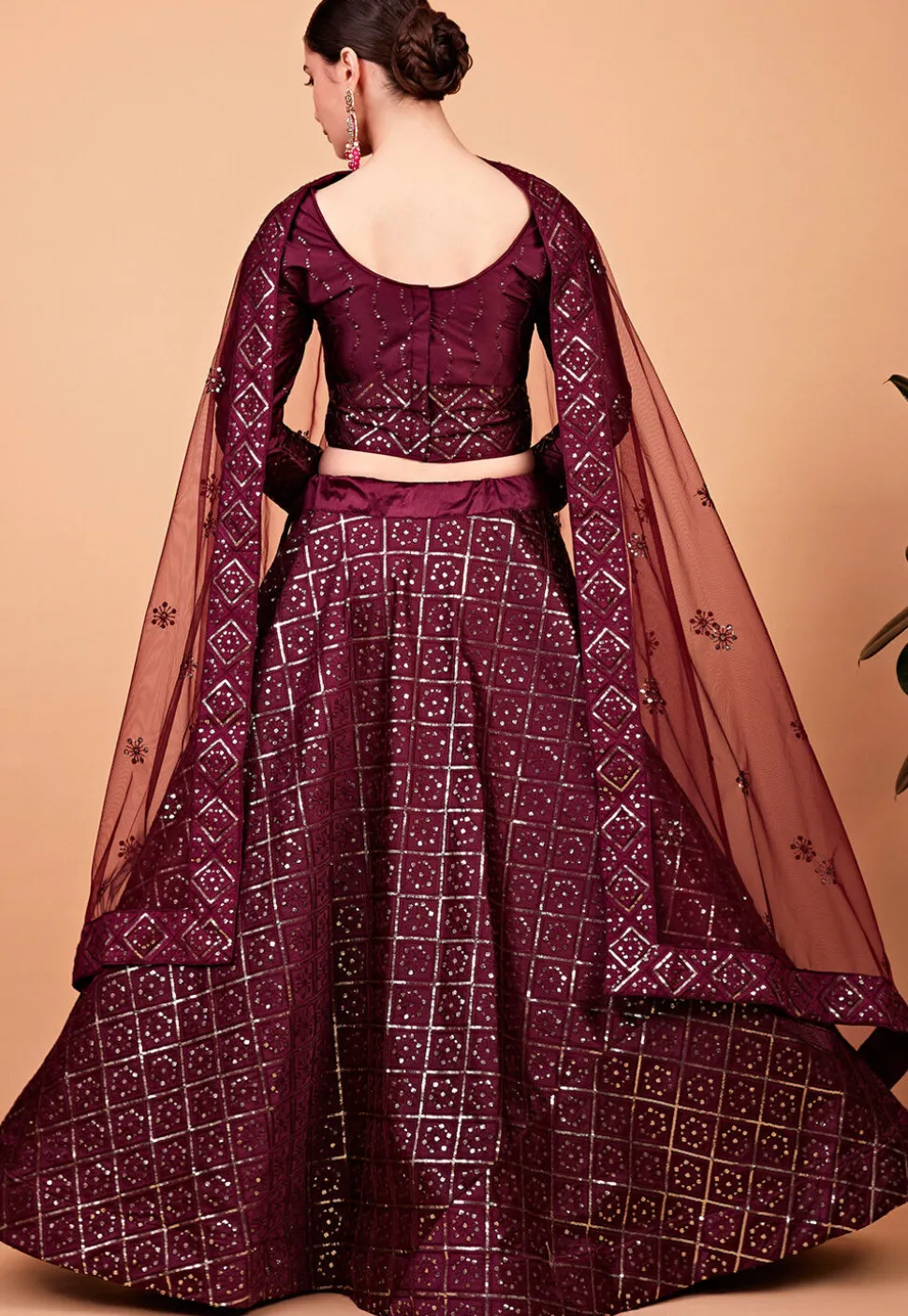 Embroidered Art Silk Lehenga in Wine