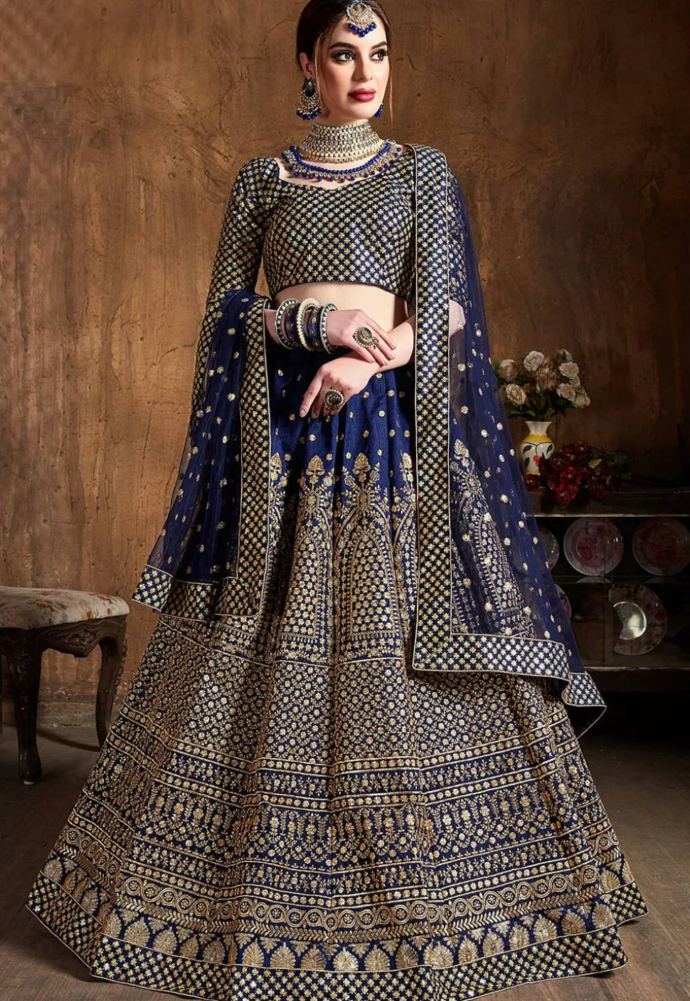 Embroidered Art Silk Lehenga in Navy Blue