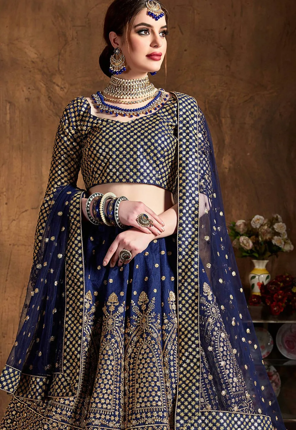 Embroidered Art Silk Lehenga in Navy Blue