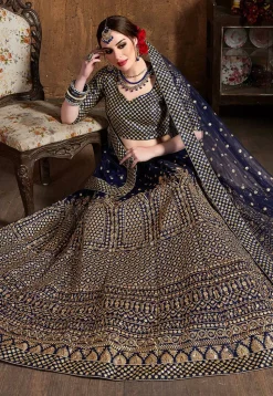 Embroidered Art Silk Lehenga in Navy Blue