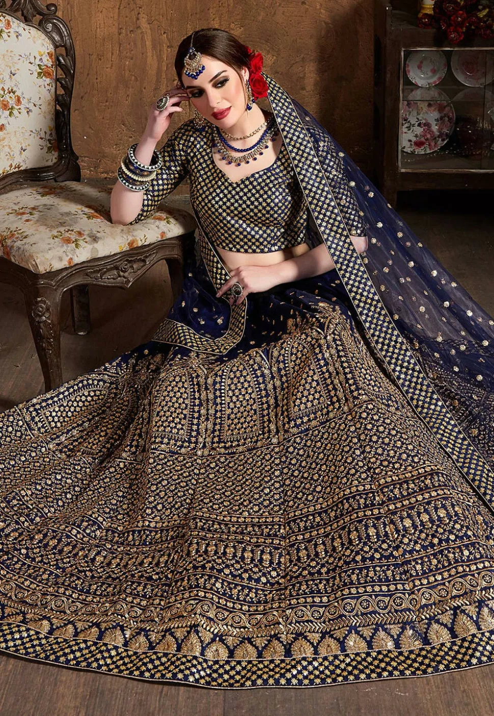 Embroidered Art Silk Lehenga in Navy Blue