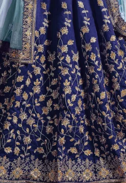 Embroidered Art Silk Lehenga in Dark Blue