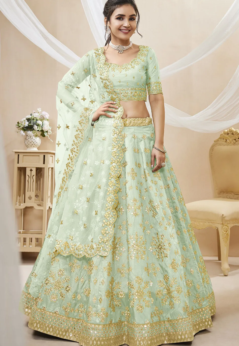 Embroidered Art Silk Lehenga in Light Green