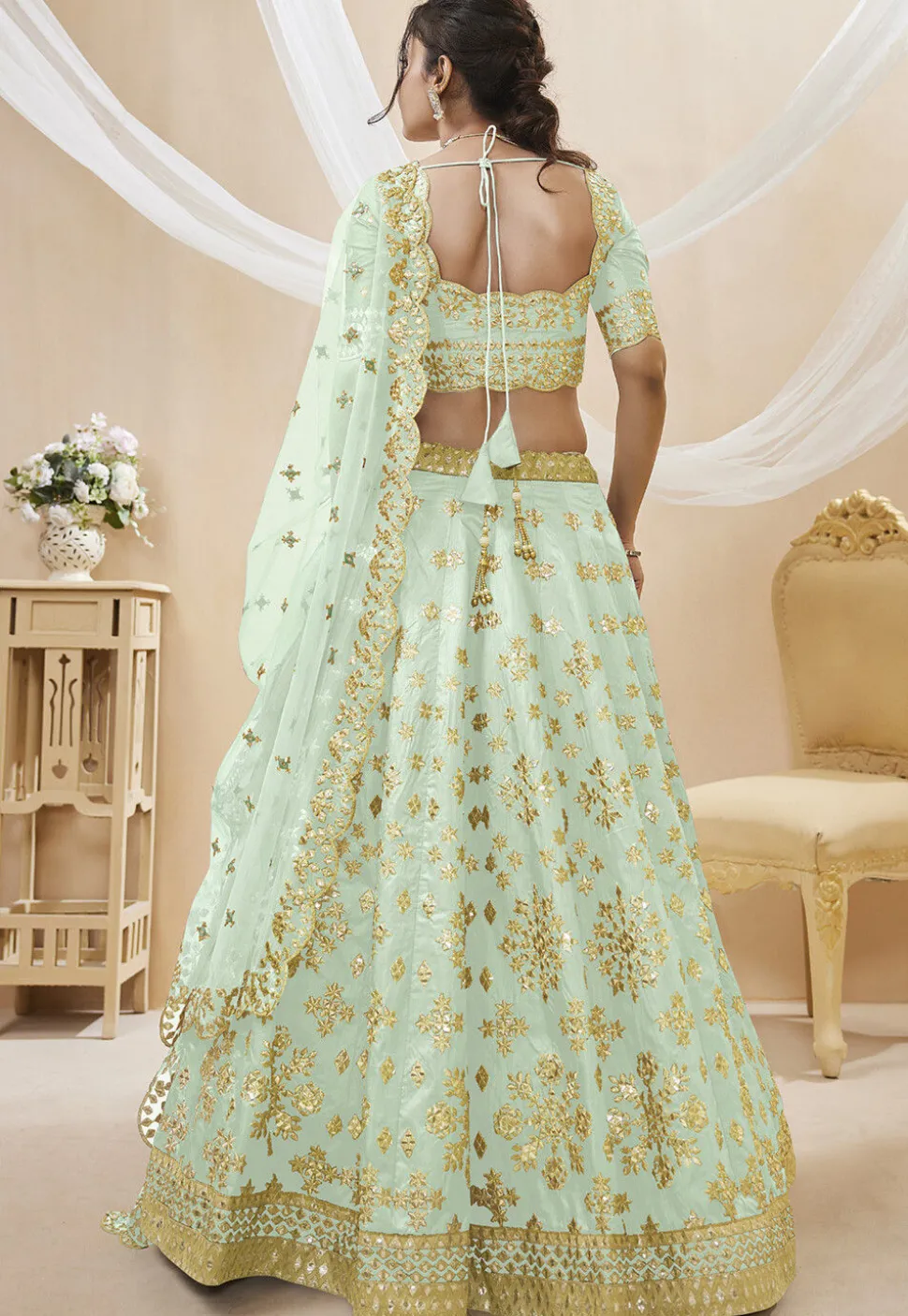 Embroidered Art Silk Lehenga in Light Green