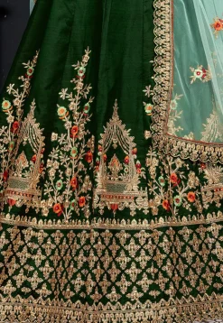 Embroidered Art Silk Lehenga in Dark Green