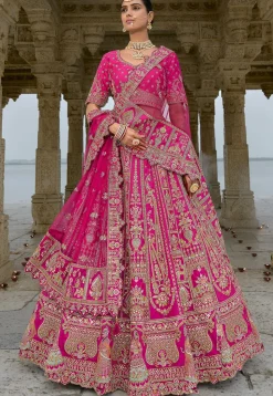 Embroidered Art Silk Lehenga in Fuchsia