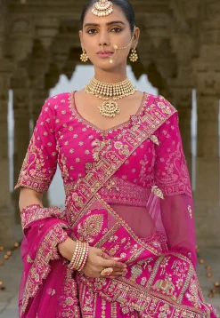Embroidered Art Silk Lehenga in Fuchsia