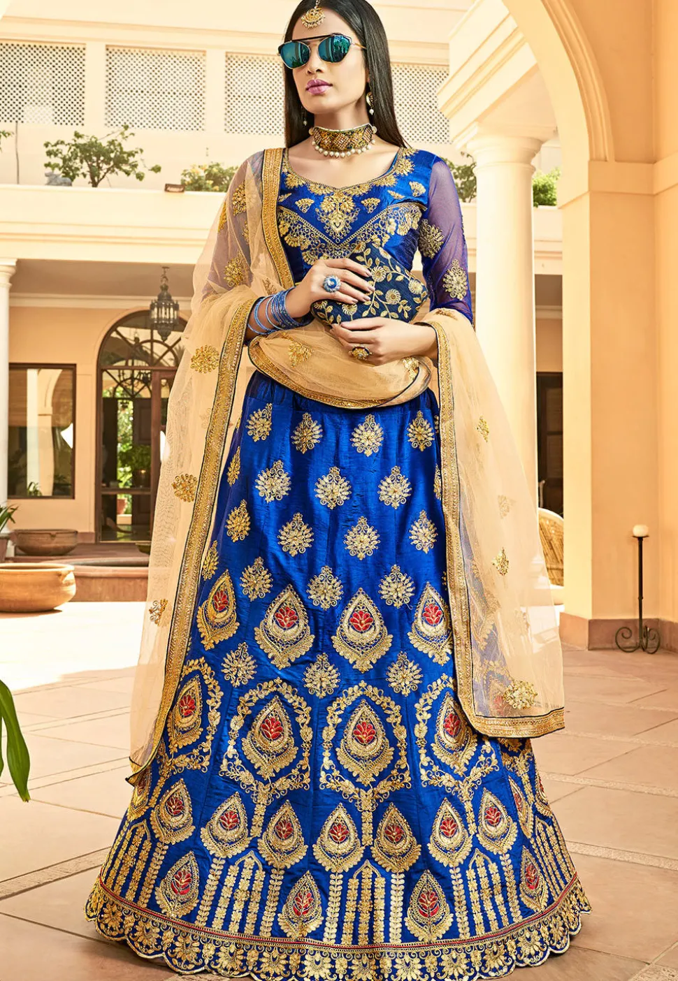 Embroidered Art Silk Lehenga in Blue
