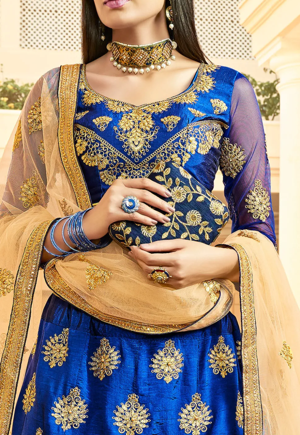 Embroidered Art Silk Lehenga in Blue
