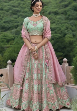 Embroidered Art Silk Lehenga in Sea Green and Peach