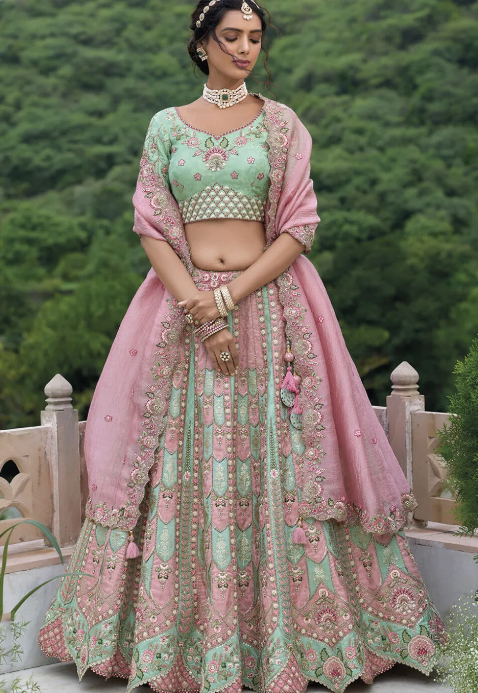 Embroidered Art Silk Lehenga in Sea Green and Peach