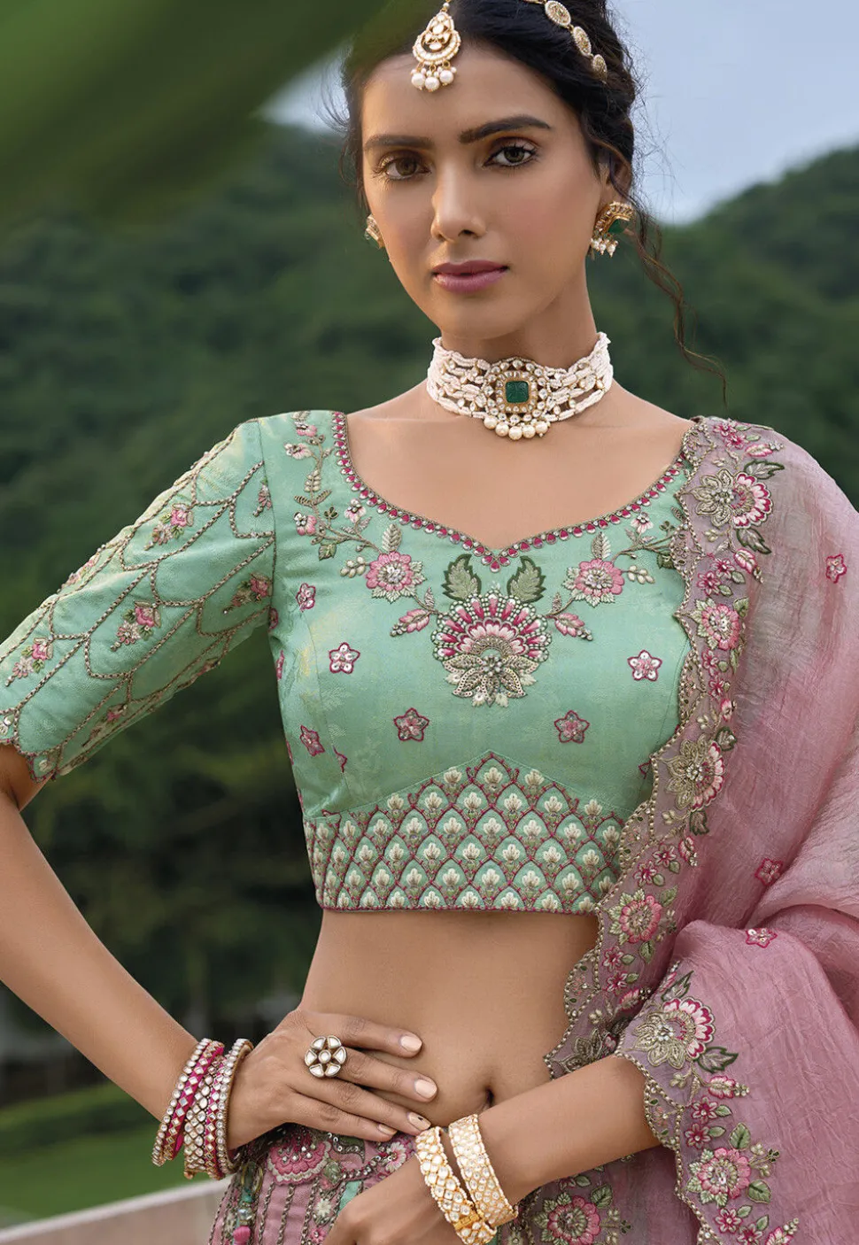 Embroidered Art Silk Lehenga in Sea Green and Peach