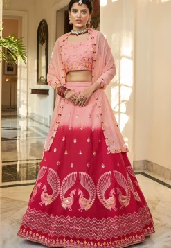 Embroidered Art Silk Lehenga in Peach and Pink